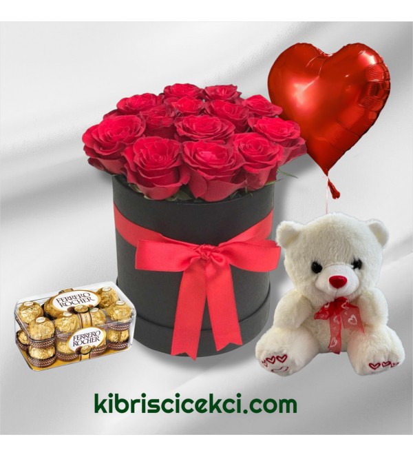 Kutuda 13 Kırmızı Gül Ayıcık 16'lı Ferrero Çikolata Kalp Helyum Balon